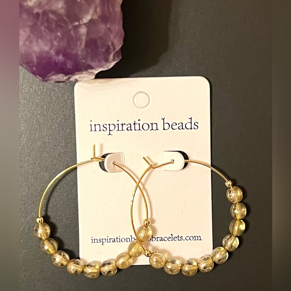Gold Czech Glass Hoop Earrings, Hand Crafted